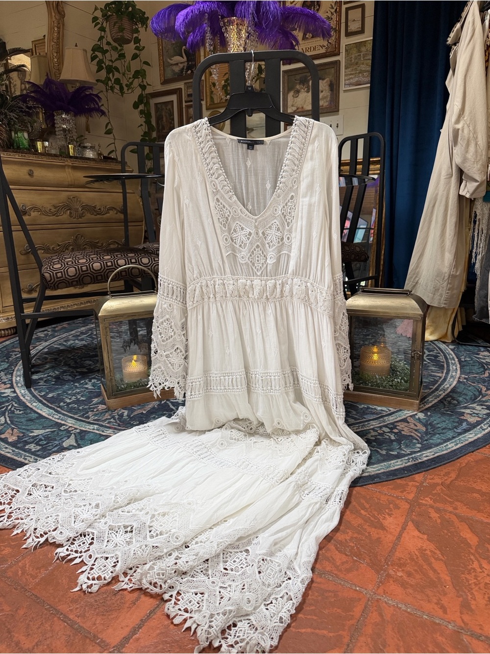 Boston Proper White Lace-Trimmed Boho Maxi Dress